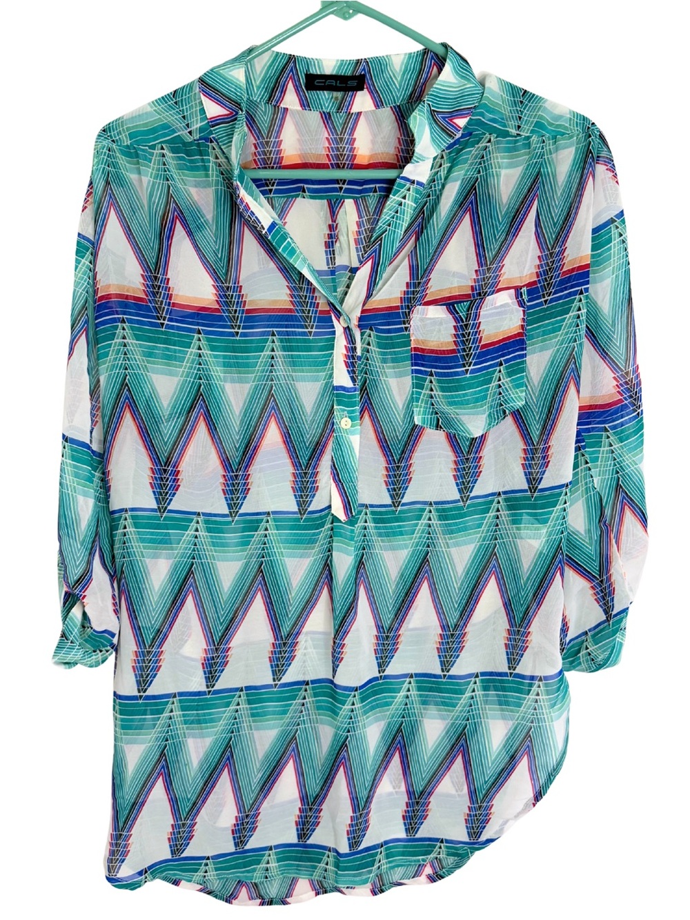 3/$20 CALS Women's Geometric Print 3/4 Sleeve Sheer Blouse Size Medium